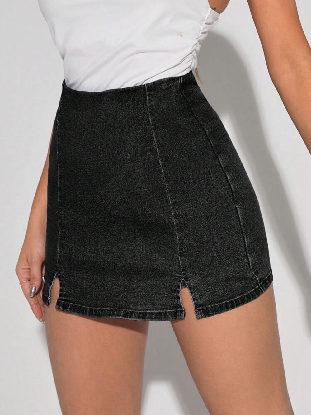 Black High-Rise Denim Mini Skirt with Front Notches